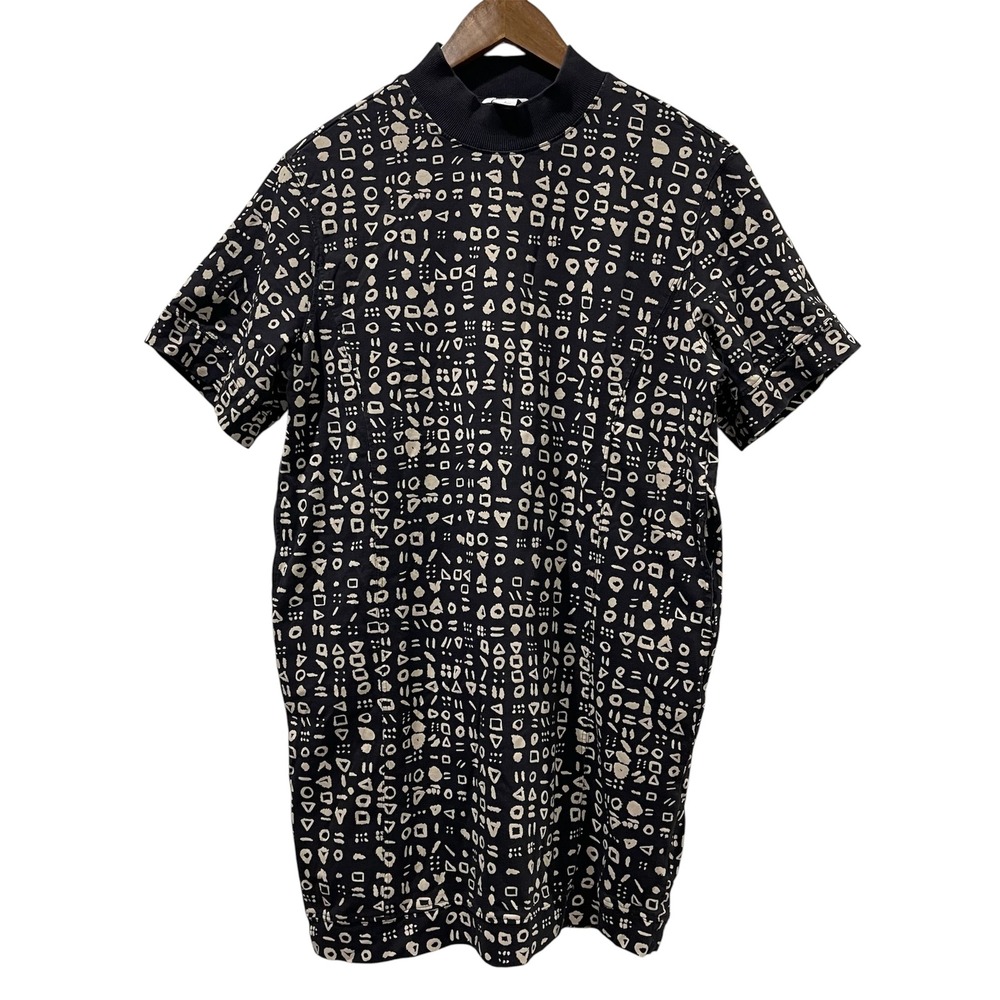 Monki Womens T-Shirt Dress S Black Geometric Mock Neck Cotton Shift Artsy Tribal
